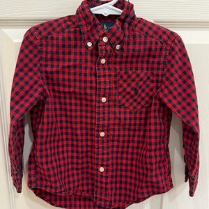 Ralph Lauren Red and Navy Checkered Gingham Plaid Button Down Shirt 2T Pony Logo